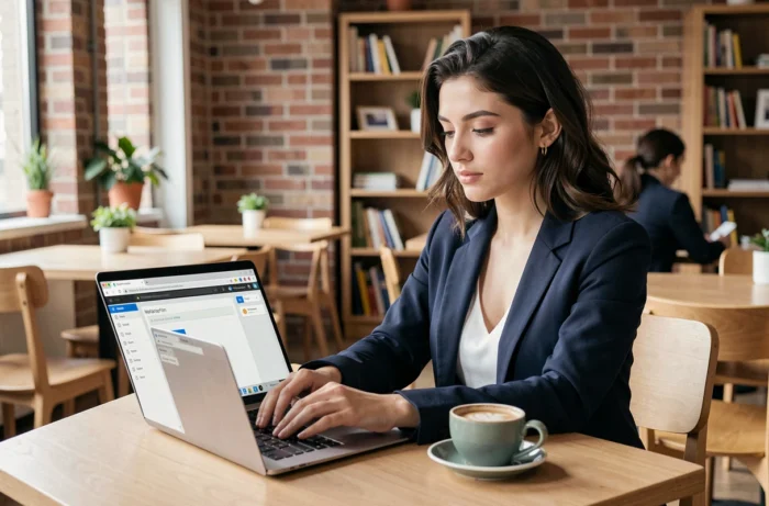 Jeune femme de l'éducation nationale accédant au webmail académique à distance depuis un espace de coworking