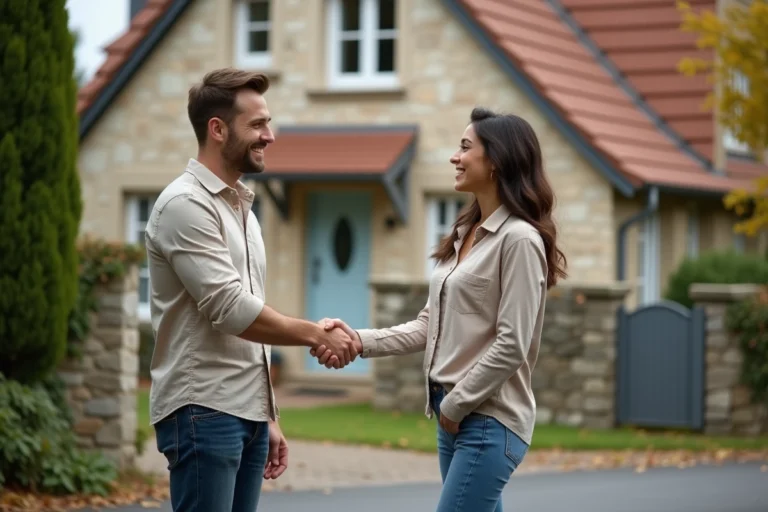 Couple achetant un bien immobilier directement auprès d'un vendeur particulier sans agence devant une maison