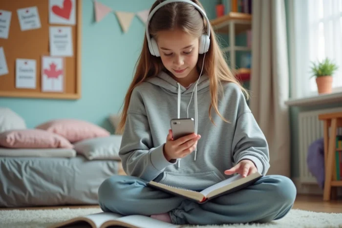 Adolescente écoutant un podcast en anglais avec des écouteurs dans sa chambre décorée de fiches de vocabulaire