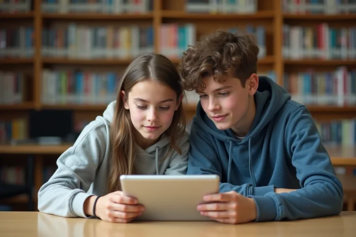 Deux adolescents explorant ensemble les ressources numériques de Tic et Net sur une tablette en bibliothèque scolaire