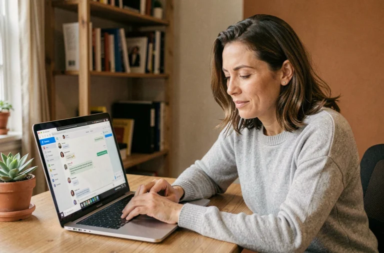 Femme utilisant une assistance informatique en ligne depuis son bureau à domicile
