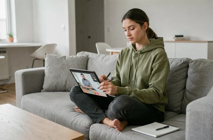 Jeune femme obtenant une aide informatique fiable via tablette depuis son salon