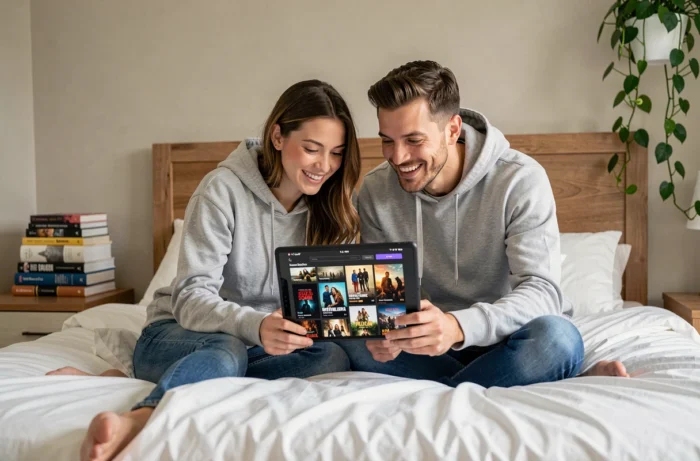 Deux amis parcourant ensemble le catalogue d'un site de streaming gratuit sur une tablette
