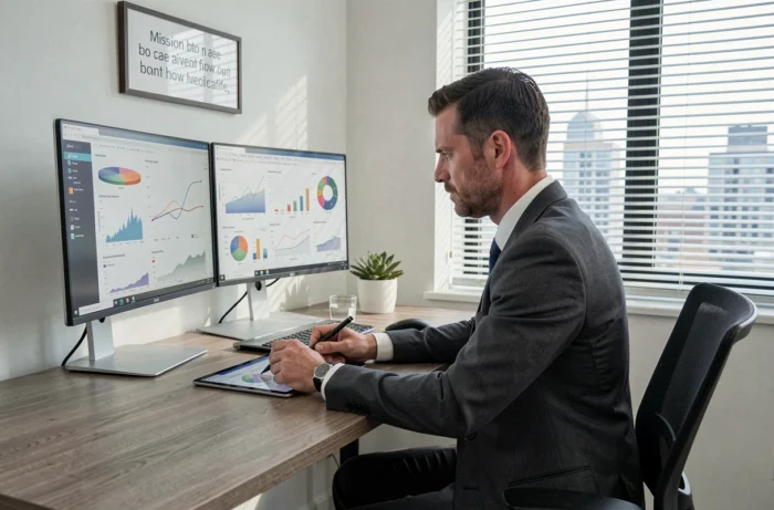 Chef d'entreprise analysant des données et indicateurs de performance sur plusieurs écrans dans un bureau privé