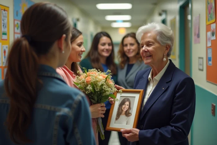 Anciens élèves adultes offrant des fleurs et un cadeau souvenir à leur ancienne maîtresse pour sa retraite dans un couloir d'école