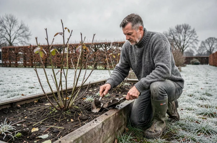 Homme appliquant un engrais maison autour de rosiers en dormance dans un jardin hivernal