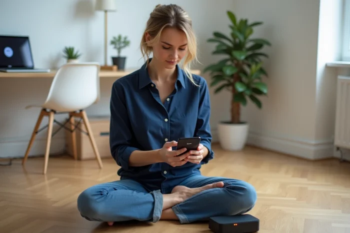 Femme utilisant l'application Freebox sur smartphone pour redémarrer la Freebox Delta
