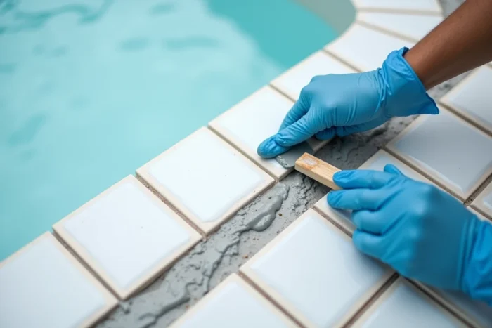 Gros plan de mains gantées lissant un joint époxy gris entre les carreaux d'une piscine
