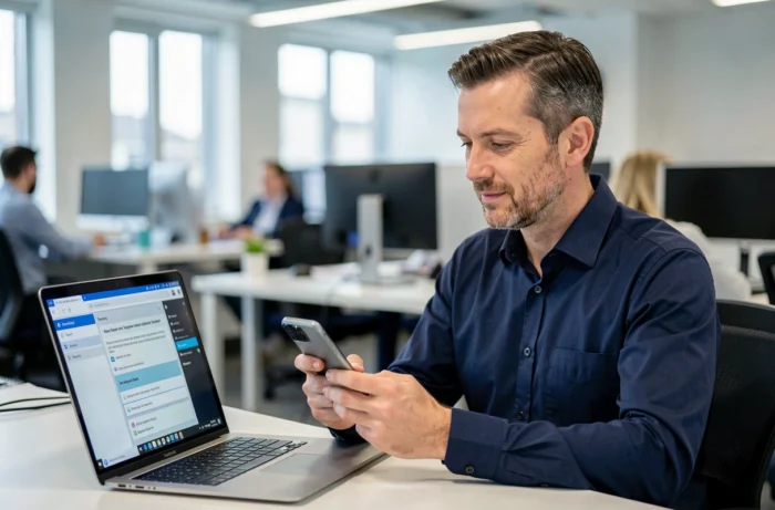 Homme recevant une assistance technique informatique à distance dans un bureau professionnel