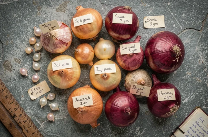 Vue aérienne d'assortiment d'oignons de différents calibres étiquetés avec leur poids sur une surface en pierre