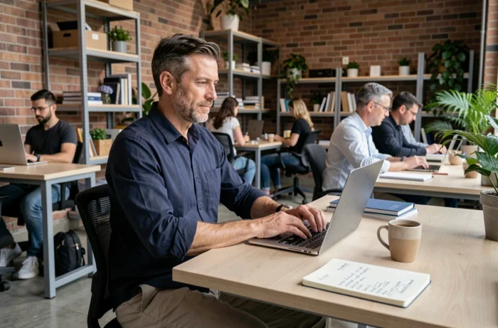 Auto-entrepreneur masculin travaillant sur son ordinateur portable dans un espace de coworking