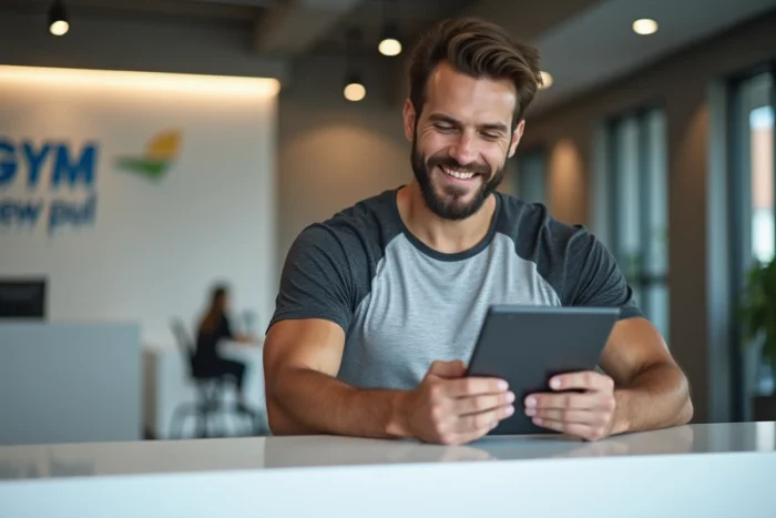 Jeune homme consultant les avantages du parrainage Basic Fit à l'accueil d'une salle de sport