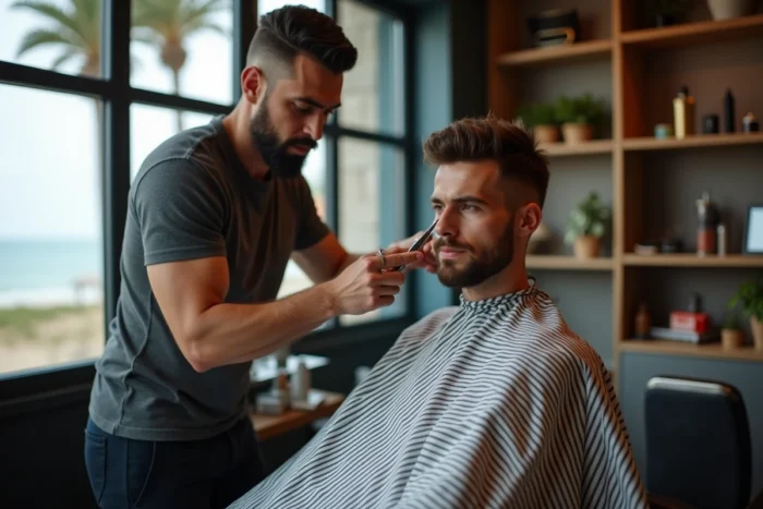 Barbier professionnel réalisant une coupe sur-mesure pour un client dans un salon tendance près de la plage de Capbreton