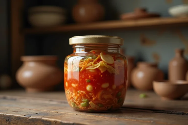 Bocal de kimchi fermenté maison sur un comptoir en bois rustique avec couvercle entrouvert laissant échapper des bulles de fermentation