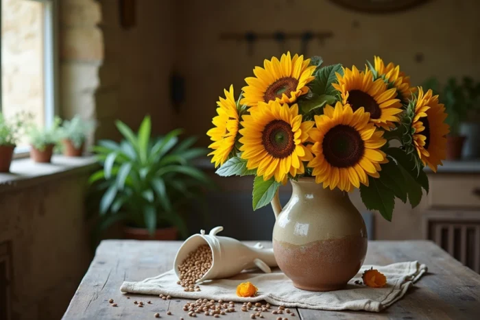 Bouquet de tournesols dans un vase en céramique rustique sur une table en bois, évoquant la symbolique chaleureuse et positive du tournesol