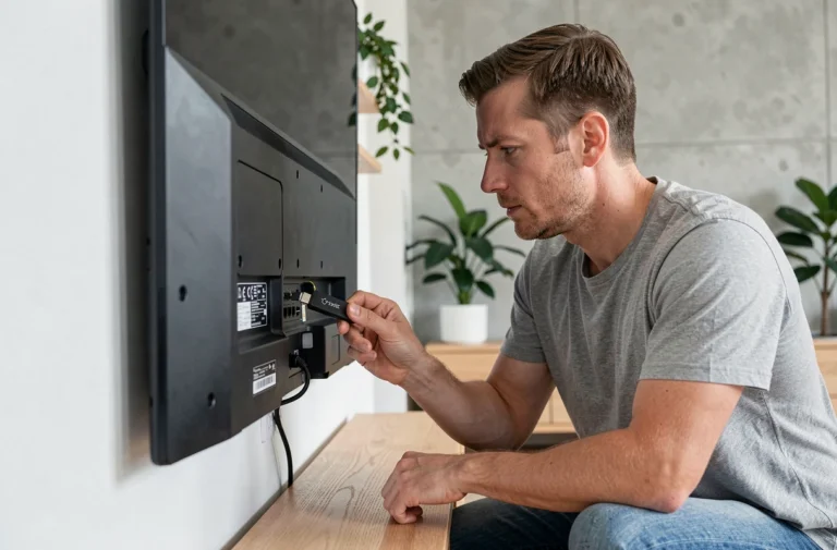 Homme branchant un stick Android TV sur le port HDMI d'une Smart TV dans un salon moderne