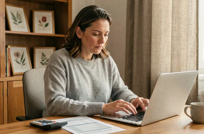 Une femme concentrée devant un budget de mariage imprimé et un ordinateur portable dans un bureau à domicile, calculant la répartition des dépenses