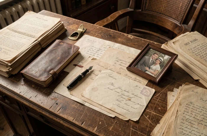 Bureau vintage avec lettres manuscrites, journal intime et photographie d'époque évoquant une histoire personnelle secrète