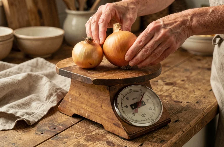 Balance de cuisine en bois avec des oignons jaunes de différentes tailles sur un comptoir en chêne rustique