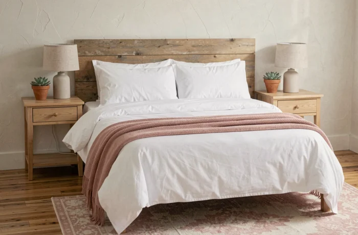 Chambre à coucher apaisante décorée comme un cocon avec linge blanc, tête de lit en bois et accessoires en céramique naturelle