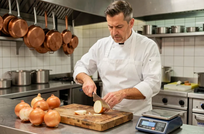 Chef cuisinier coupant un gros oignon sur une planche en bois avec une balance numérique visible en cuisine professionnelle