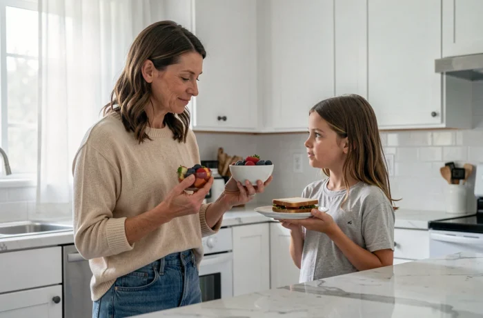Une mère proposant deux choix limités à sa fille en cuisine pour remplacer les injonctions