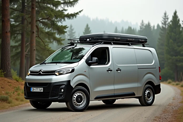 Citroën Campster aménagé garé sur une route de gravier en forêt, vue extérieure latérale complète