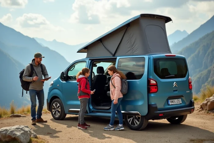 Famille chargeant le Citroën Campster 7 places aménageable lors d'un départ en road trip en montagne