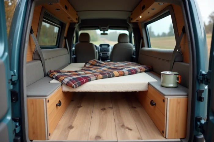 Intérieur aménagé du Citroën Campster transformé en van avec lit, rangements en bois et cuisine portable