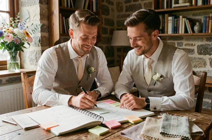 Un couple de futurs mariés assis à une table en bois, consultant un carnet de planification de mariage rempli de listes et d'échantillons de tissu
