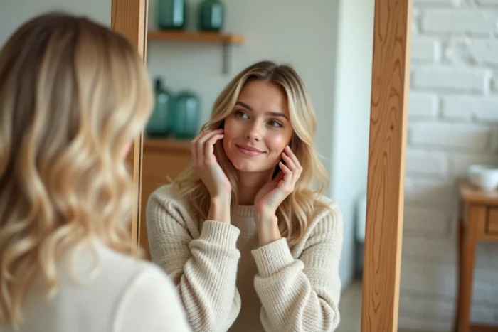 Cliente admirant sa nouvelle coupe sur-mesure dans le miroir d'un salon de coiffure visagiste à Capbreton