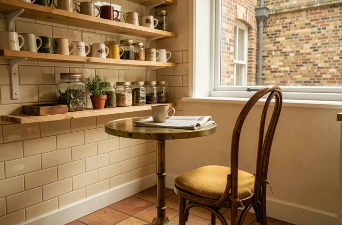 Coin cuisine cosy avec table bistrot en laiton, étagères en bois et plantes aromatiques dans une ambiance maison chaleureuse