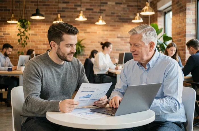 Deux professionnels collaborant sur des rapports financiers dans un espace de coworking moderne
