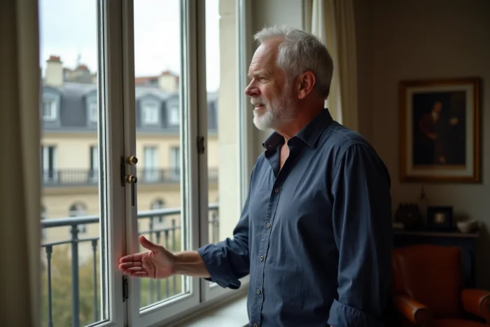 Homme confiant ses révélations sur la vie sentimentale de sa compagne, photographié dans un appartement parisien avec vue sur les toits
