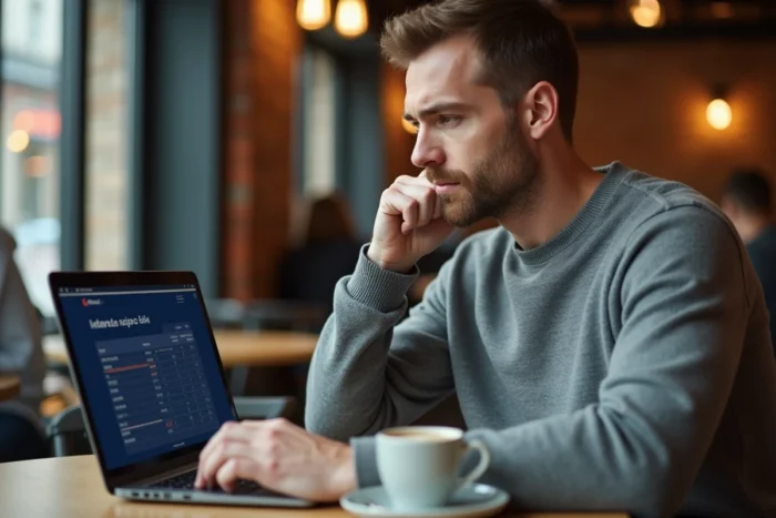 Homme comparant des offres bancaires et taux d'intérêt sur un ordinateur portable dans un café