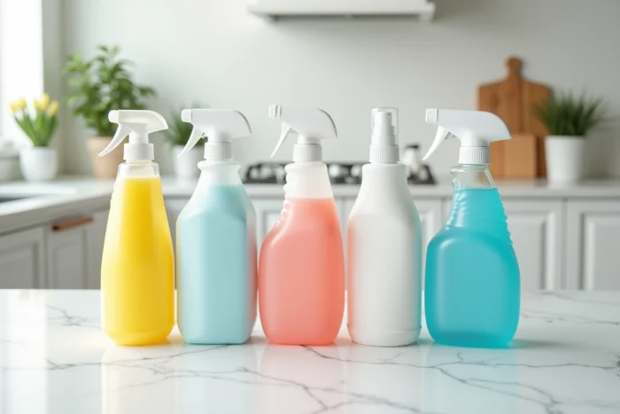 Comparatif de bouteilles de produits désinfectants et alternatives à l'eau de Javel sur un plan de travail de cuisine