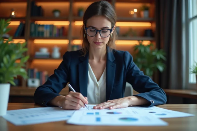 Femme comparant des taux d'intérêt bancaires sur des documents imprimés dans un bureau moderne