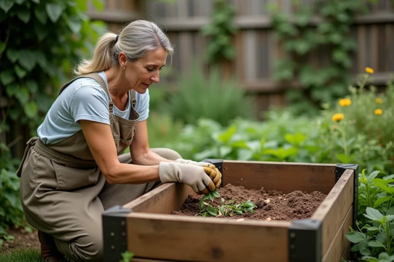 Femme jardinière déposant des déchets organiques dans un composteur en bois dans un jardin naturel verdoyant