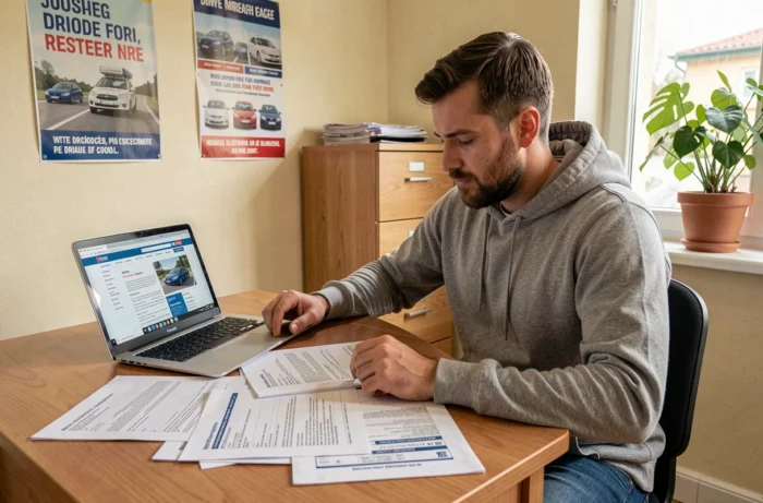 Homme consultant des documents officiels sur les conditions d'accès direct au permis moto A dans une auto-école