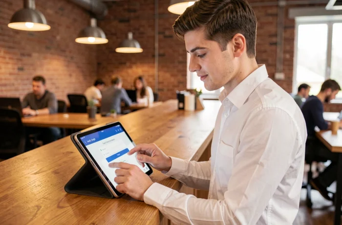 Jeune professionnel se connectant à son compte Arkevia sur une tablette dans un espace de coworking