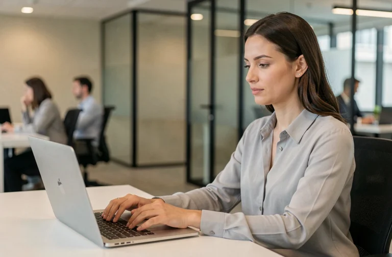 Femme professionnelle connectée à son espace Arkevia sur un ordinateur portable dans un bureau moderne