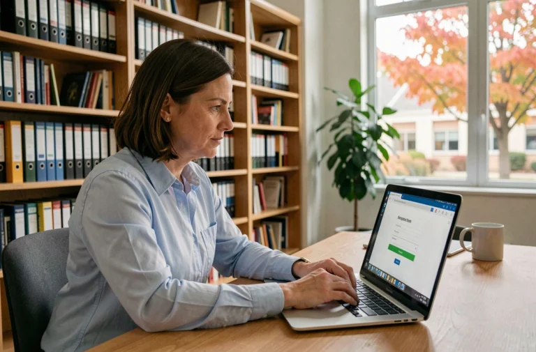 Femme enseignante se connectant au webmail académique sur un ordinateur portable dans un bureau scolaire