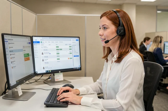 Conseillère du service client résolvant une panne MyFoncia depuis un poste de support informatique