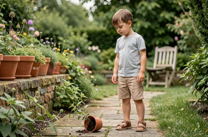Un garçon face à la conséquence naturelle de ses actes dans un jardin sans intervention punitive