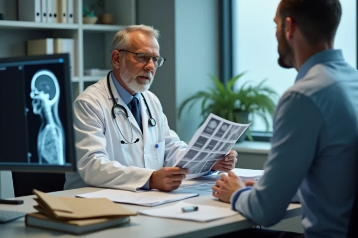Radiologue consultant les résultats d'IRM avec un patient lors d'un suivi médical