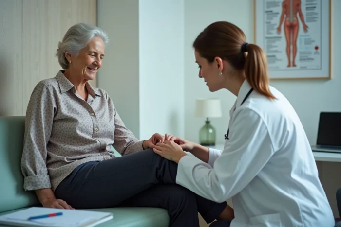 Médecin examinant les varices d'une patiente âgée lors d'une consultation pour évaluer le traitement au Daflon