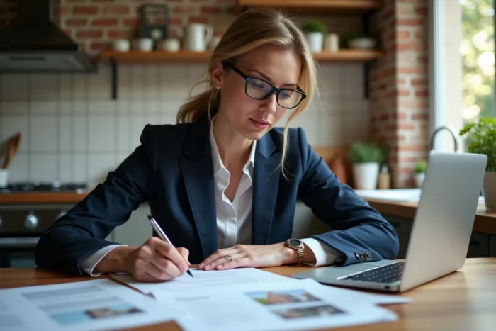 Femme étudiant un contrat d'achat immobilier sans intermédiaire dans une cuisine moderne