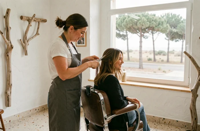Styliste réalisant une coupe femme dans un salon de coiffure lumineux avec vue sur les pins des Landes à Capbreton