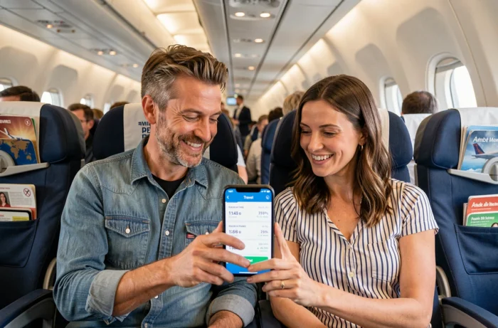 Couple consultant une application de budget voyage sur smartphone à bord d'un avion en classe économique