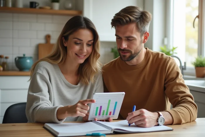 Couple étudiant et comparant les taux d'intérêt de différentes banques sur une tablette à la maison
